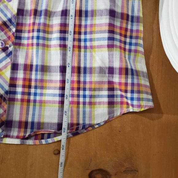 🦋3/$25 Pantamo Small Cotton Long Sleeve Purple Blue Plaid Button Up Shirt NWOT - Picture 7 of 8